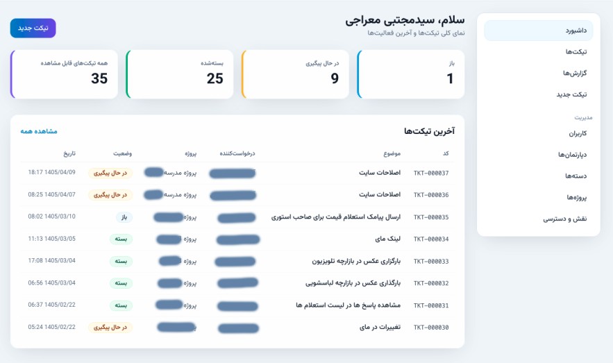 داشبورد سامانه تیکتینگ