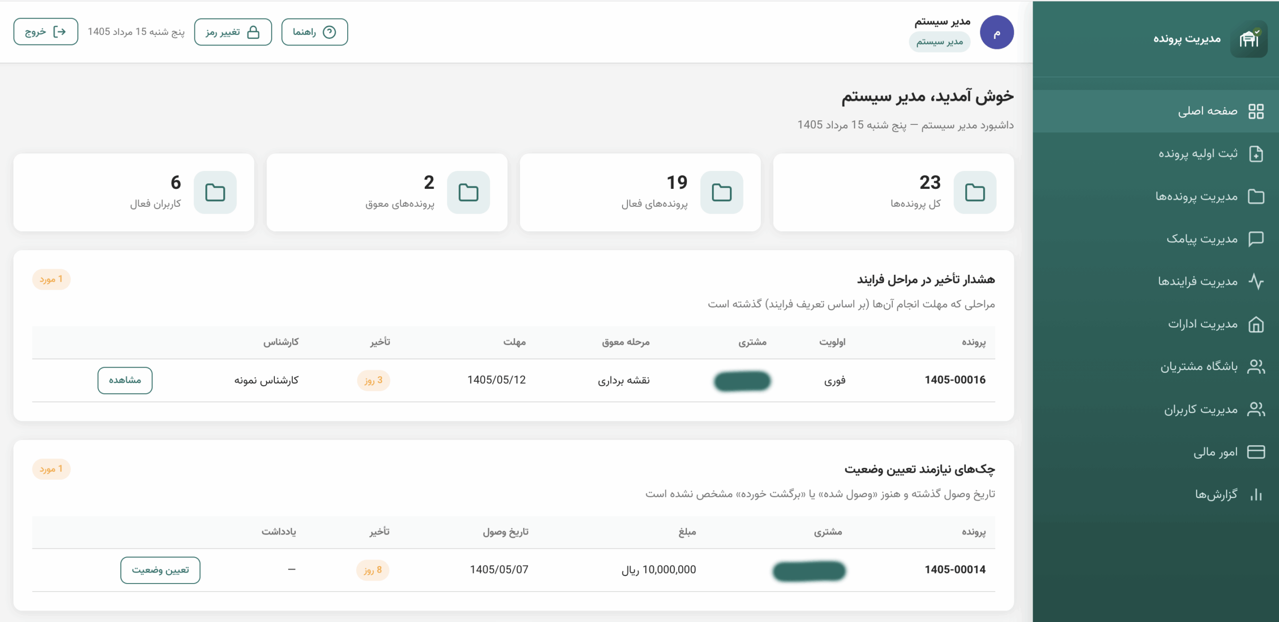 داشبورد سامانه مدیریت پرونده